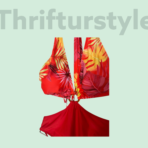 Red Floral Halter One Piece Swimsuit Cut Out Monokini Bathing Suit - Picture 4 of 4